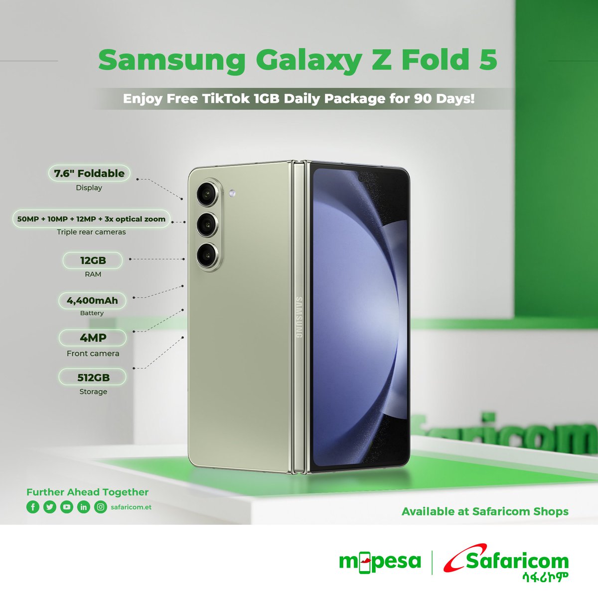 Unfold a world of possibilities. The future of mobile is here with the Samsung Galaxy Z Fold5. Samsung Galaxy Z Fold 5 is now available at Safaricom Ethiopia Shops. Enjoy our 1GB Tiktok Daily Packages for 90 days while you're at it! #SafaricomEthiopia #Furtheraheadtogether