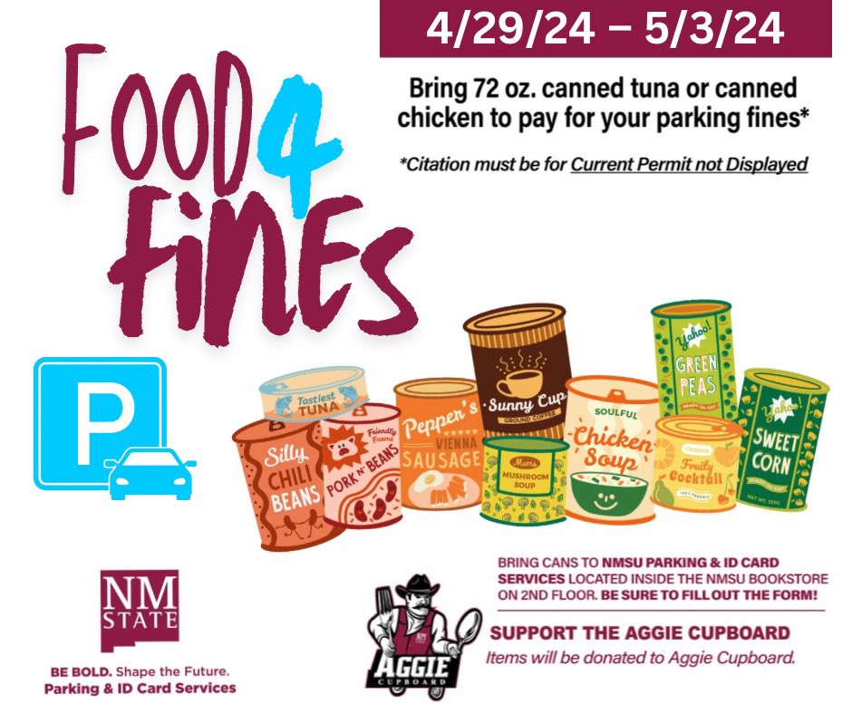 NMSUinsider's tweet photo. NMSU Parking to kick off Food for Fines week | Bring 72 ounces of canned tuna or canned chicken to pay parking fines. Citation must be for "Current Permit not Displayed" only. https://t.co/PQLLXwZLIe