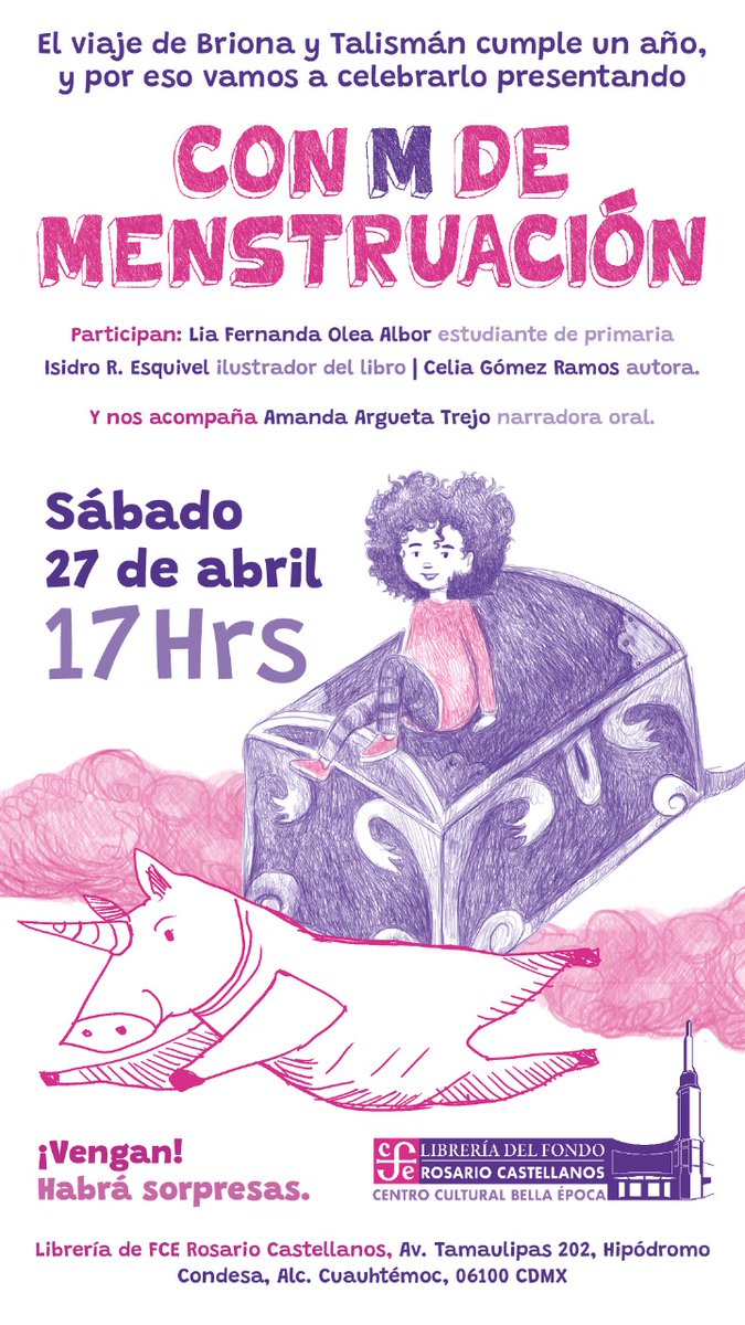¡Seguimos celebrando el #DíaDeLaNiñez! Asiste a la presentación de 'Con M de Menstruación' de Celia Teresa Gómez Ramos (@ctgomezramos), hoy a las 17 hrs en la #LibreríaRosarioCastellanos. Acompañan a la autora: Lia Fernanda Olea Albor, Isidro R. Esquivel y Amanda Argueta Trejo.