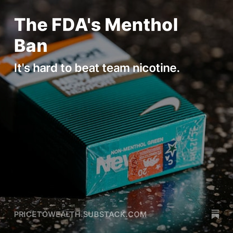 PricetoWealth's tweet photo. Re-sharing this in of light of the FDA dropping its plan to ban menthol cigarettes. https://t.co/ZN2wGrLzAL