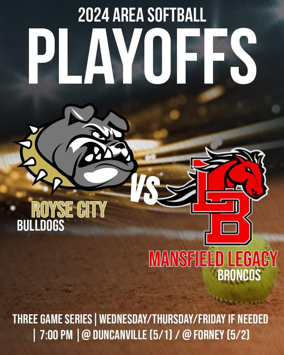 Round 2 matchup series for @RCHSBULLDOGSB is confirmed! 🆚: Mansfield Legacy 📍: Duncanville High School (WED) / Forney High School (THURS) / (FRI) TBA 🕡: 7:00 pm 🎟️: TBA #oneRC x #postseason