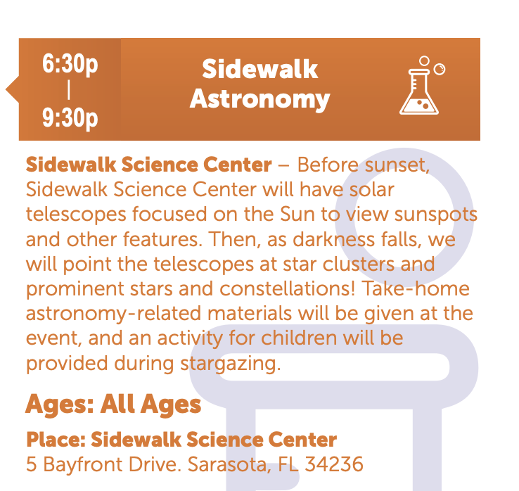 KMadakTPF's tweet photo. Sidewalk Astronomy tonight! FREE! 🌟🔭🌛 #remakedays #suncoastremakedays @ThePattersonFdn @CarolinaLFranco https://t.co/bnBcZycoCP