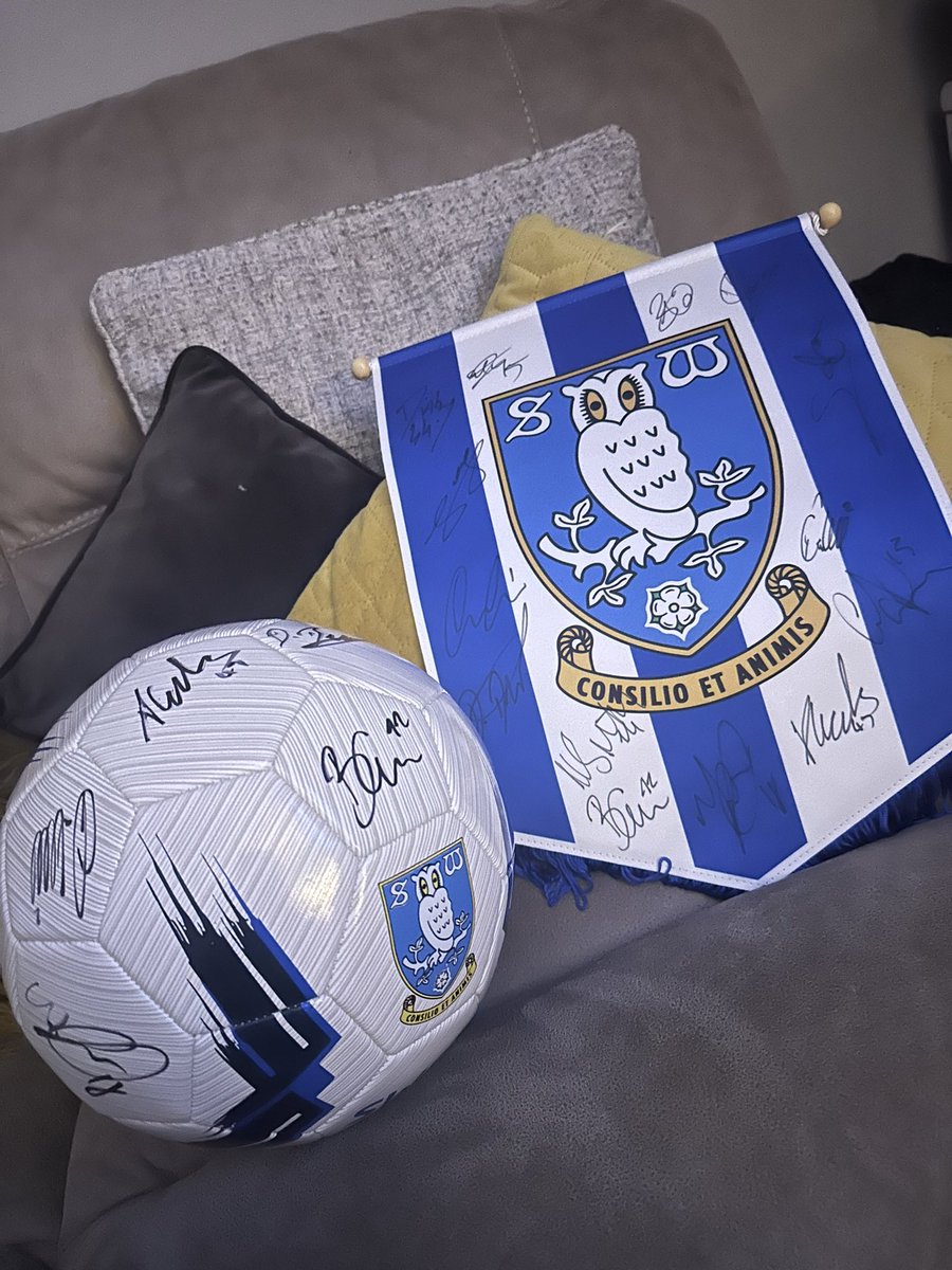 Up for grabs to raise a few quid for shays fundraising for @BluebellWoodCH ⚽️Signed Swfc Ball v WBA ⚽️ Signed Swfc Pennant v WBA Send DM To Bid Thank You