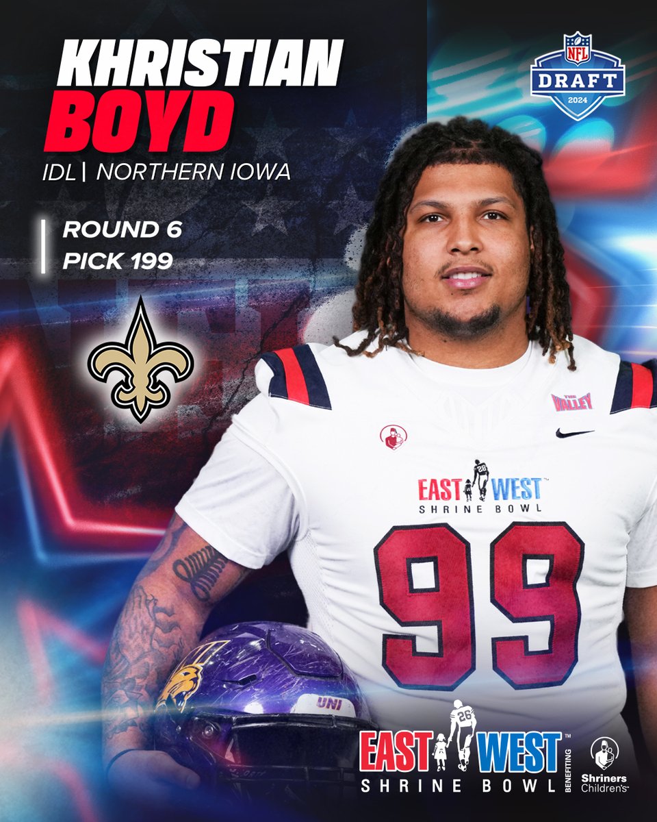 #ShrineBowl ➡️ @NFL Congratulations to Khristian Boyd (@KhristianBoyd99) from @UNIFootball on being drafted by the @Saints in the 2024 #NFLDraft! #ShrineBowlPRO | #Saints