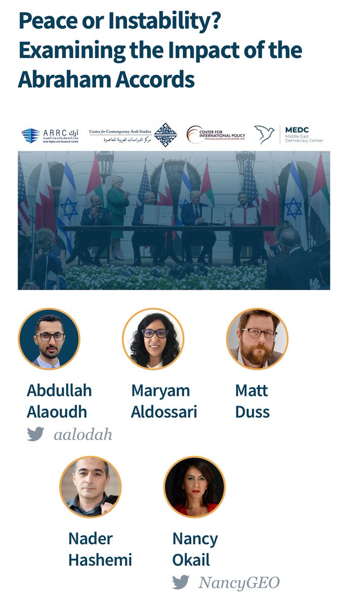 I will be part of a panel with (@mattduss @NancyGEO & @naderalihashemi )that will discuss the current democracy and human rights challenges in the Gulf and the 'normalization deals with Israel' @MideastDC @Georgetown. You can register to attend (if you want) online or in person⬇️