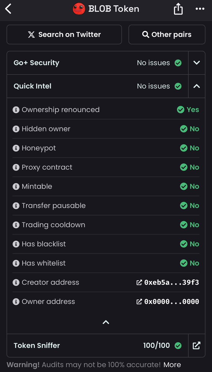 🤜🏻🤛🏻 100% CONTRACT SECURITY

💯<a href="/GoPlusSecurity/">GoPlus Security 🚦</a> 
💯 <a href="/quickintel_ai/">Quick Intel</a> 
💯<a href="/Token_Sniffer/">TokenSniffer.com</a> 

🚀 What are you waiting for?
✅ Buy $BLOB:

traderjoexyz.com/avalanche/trad…