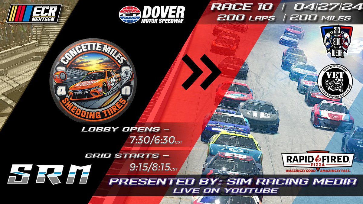 Raceday!! Tonight, we head <a href="/MonsterMile/">Dover Motor Speedway</a> for 200 miles of action-packed racing. Temps are cool and the track is wicked fast!

Who will bring home the 🏆 tonight?

Tune in and find out as <a href="/SimRacingMedia1/">Sim Racing Media</a> call the action live on <a href="/YouTube/">YouTube</a>!

youtube.com/live/ZgMbw-r-K…
