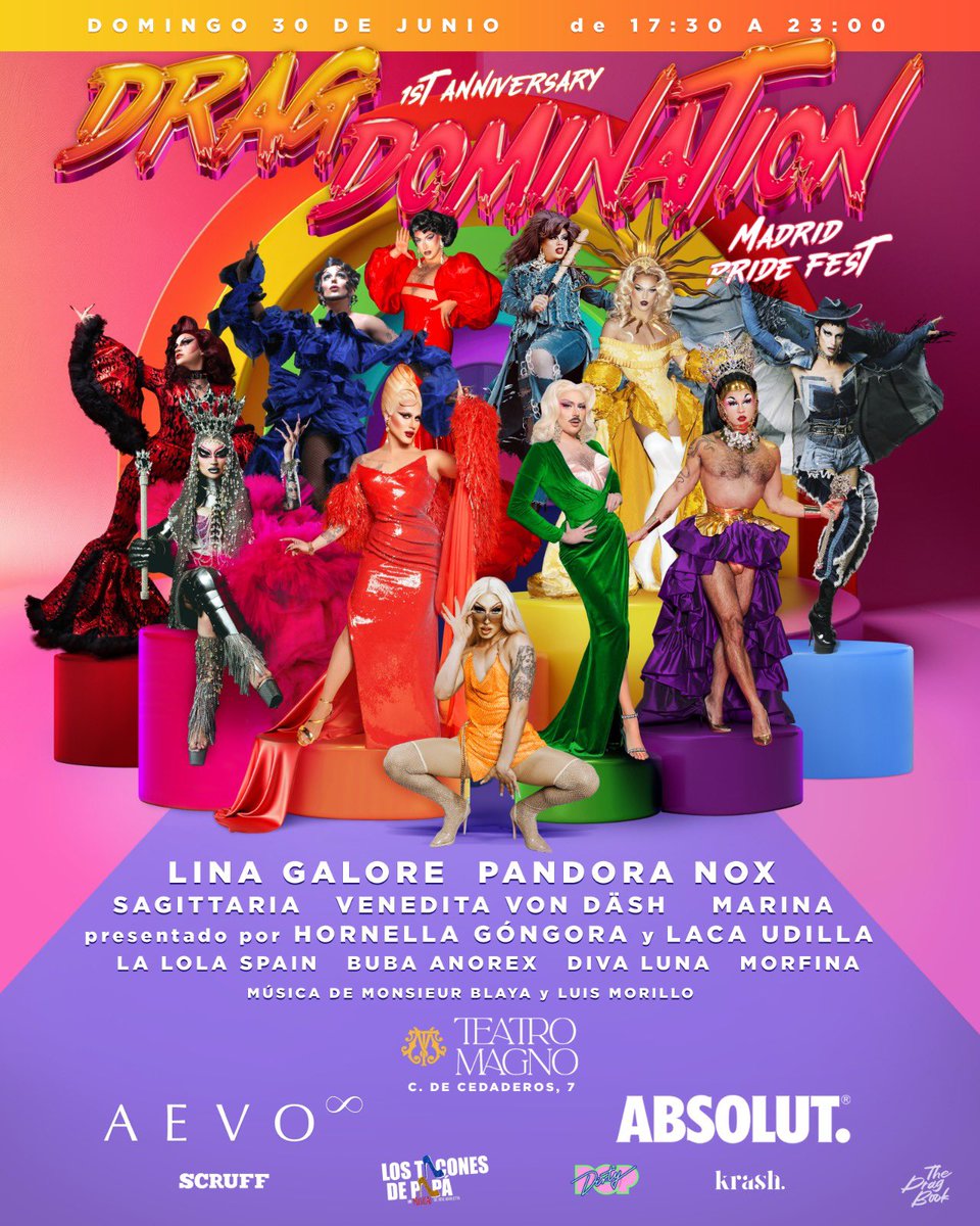 Se viene el primer aniversario de #DragDomination el 30/06 de tarde en Madrid.Menudo cartelazo de lujo con bien de 👑 <a href="/PandoraNox/">Pandora Nox</a> <a href="/lina_galore/">Lina Galore</a> <a href="/marina_forev3r/">MARINA</a> <a href="/itsagittaria/">Sagittaria</a> <a href="/veneditavondash/">Venedita</a> @MissGongora <a href="/lalolaspain/">𝐋𝐎𝐋𝐀 𝐒𝐏𝐀𝐈𝐍</a> <a href="/morfina_drag/">Morfina🦇</a> <a href="/BubaAnorex_/">Buba Anorex 🔥</a> tickets aqui  tickets.klustermadrid.com/?utm_source=CA…