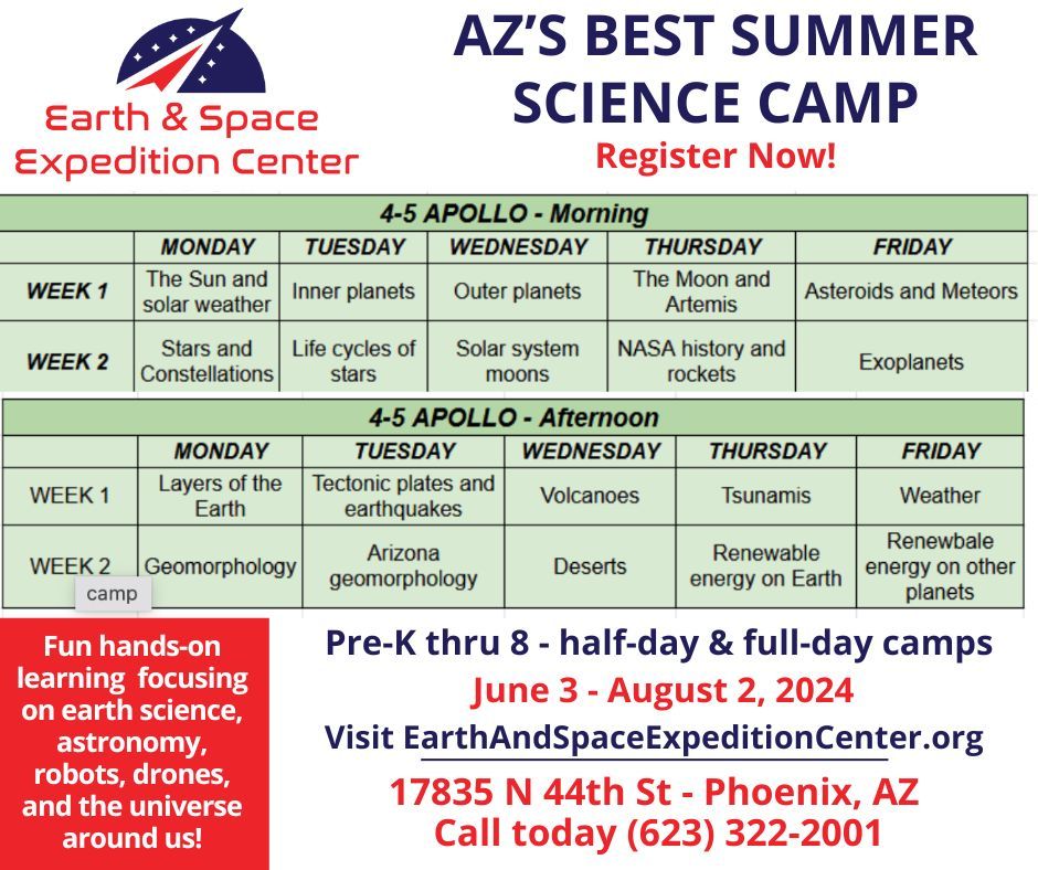 We have customized learning programs for kids pre-k through 8th grade in our Summer Science Camps! Take a look below for our 4th-5th grade program.  
Register now for AZ's Best Summer Science Camp at  buff.ly/4cfGLf3