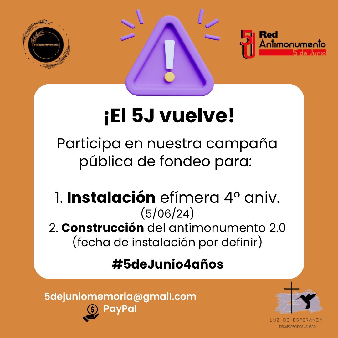 ⚠️ Nos preguntan mucho cómo apoyar la reinstalación del #Antimonumento5J⚠️

Las autoridades han desobedecido por un año al juzgado dando pretextos absurdos. Así que:

CONSTRUIREMOS un nuevo anti. PARTICIPA en el fondeo vía PayPal. Puede más el pueblo organizado que el gobierno🤬+