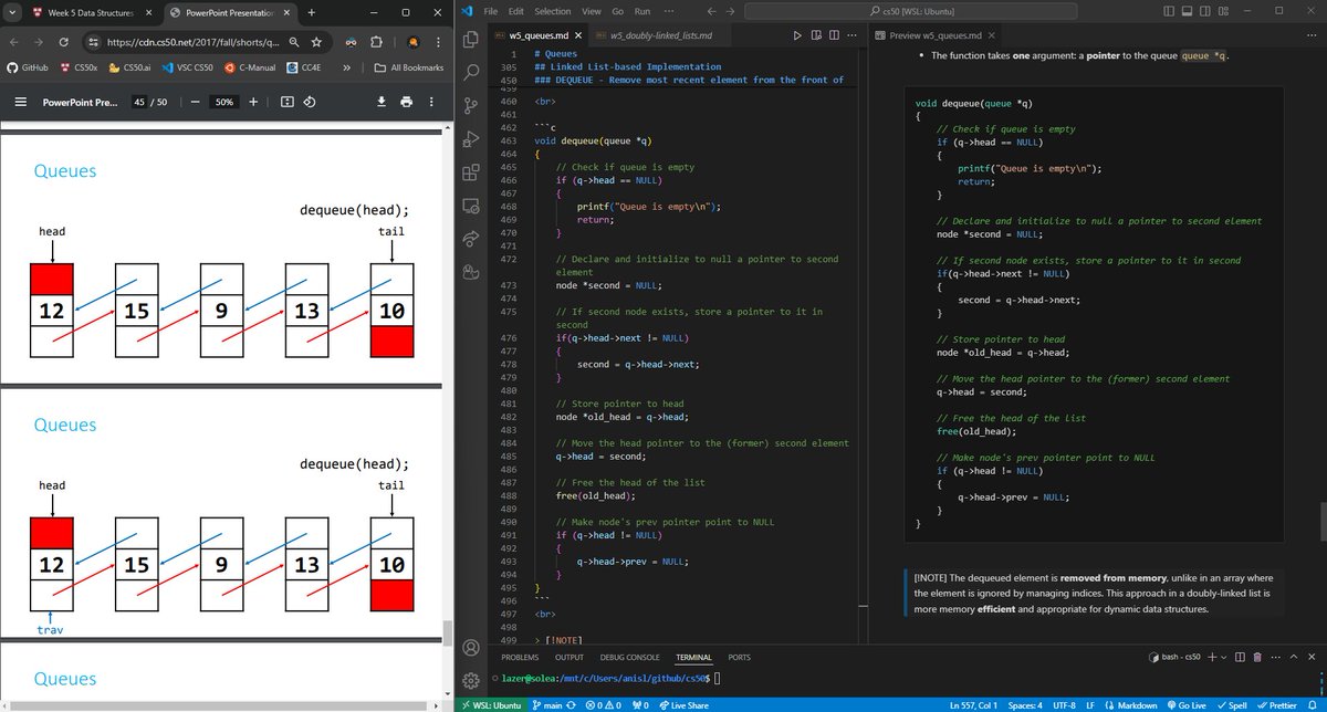 #100DaysOfCode 

Day 69 - #CS50 Week5 #DataStructures

Finished Queues, it took me all day. The shorts for this week are limited and just give pseudocode and visual examples.

I took the time to actually write the functions to implement the examples in my notes. Next is Stacks.