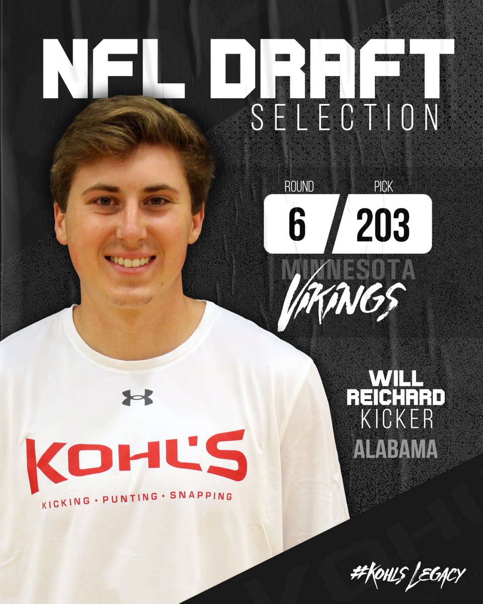 First kicker off the board. With the 203rd pick in the 6th round of the NFL Draft, the Minnesota Vikings select #KohlsElite Kicker Will Reichard of Alabama. #SKOL #KohlsLegacy // #NFLDraft