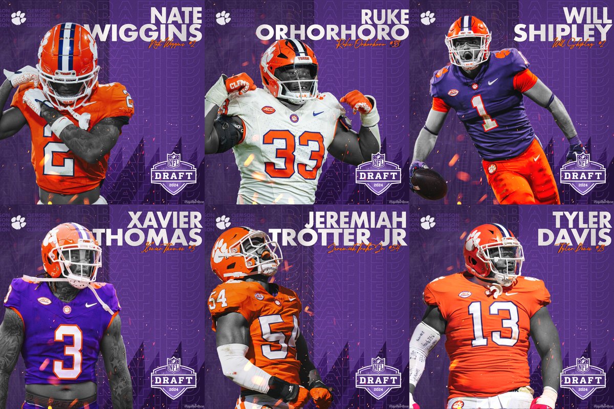 apthirteen's tweet photo. 6 Clemson Tigers drafted in the top 200.

Nate Wiggins - Ravens (30)
Ruke Orhorhoro - Falcons (35)
Will Shipley - Eagles (127)
Xavier Thomas - Cardinals (138)
Jeremiah Trotter Jr - Eagles (155)
Tyler Davis - Rams (196)

Congrats to our guys! 🐅 https://t.co/fpt42XTovQ