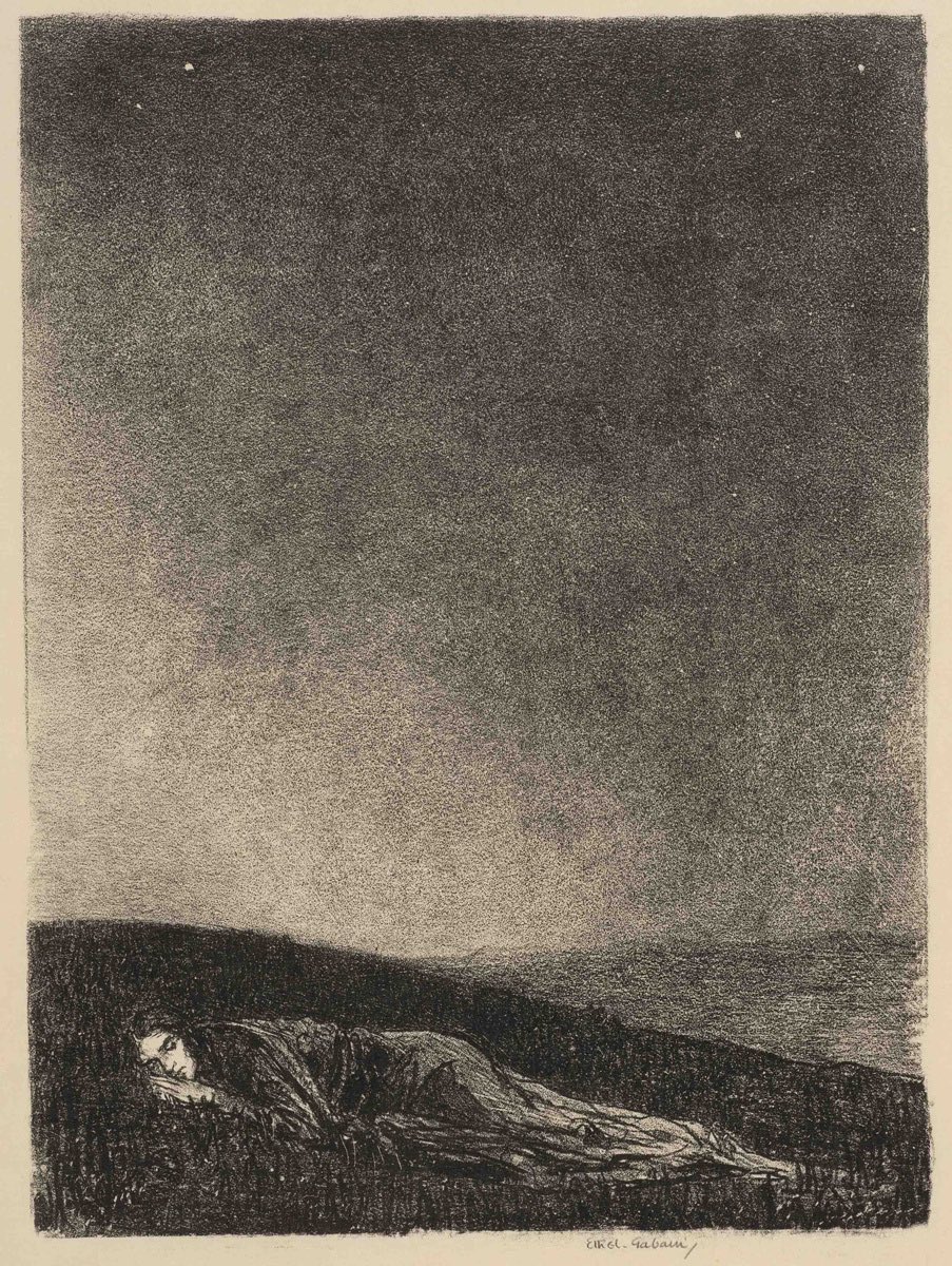 "Jane Sleeping on the Moor" 1922 by Ethel Gabain (1883-1950). Lithograph.