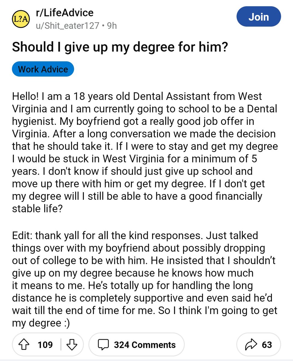 Reddit, anti-family formation as usual.

This girl choosing between a dental hygiene degree and following her boyfriend to his good new job was told in over 99% of comments that degrees are always the most important and that women should never rely on men.