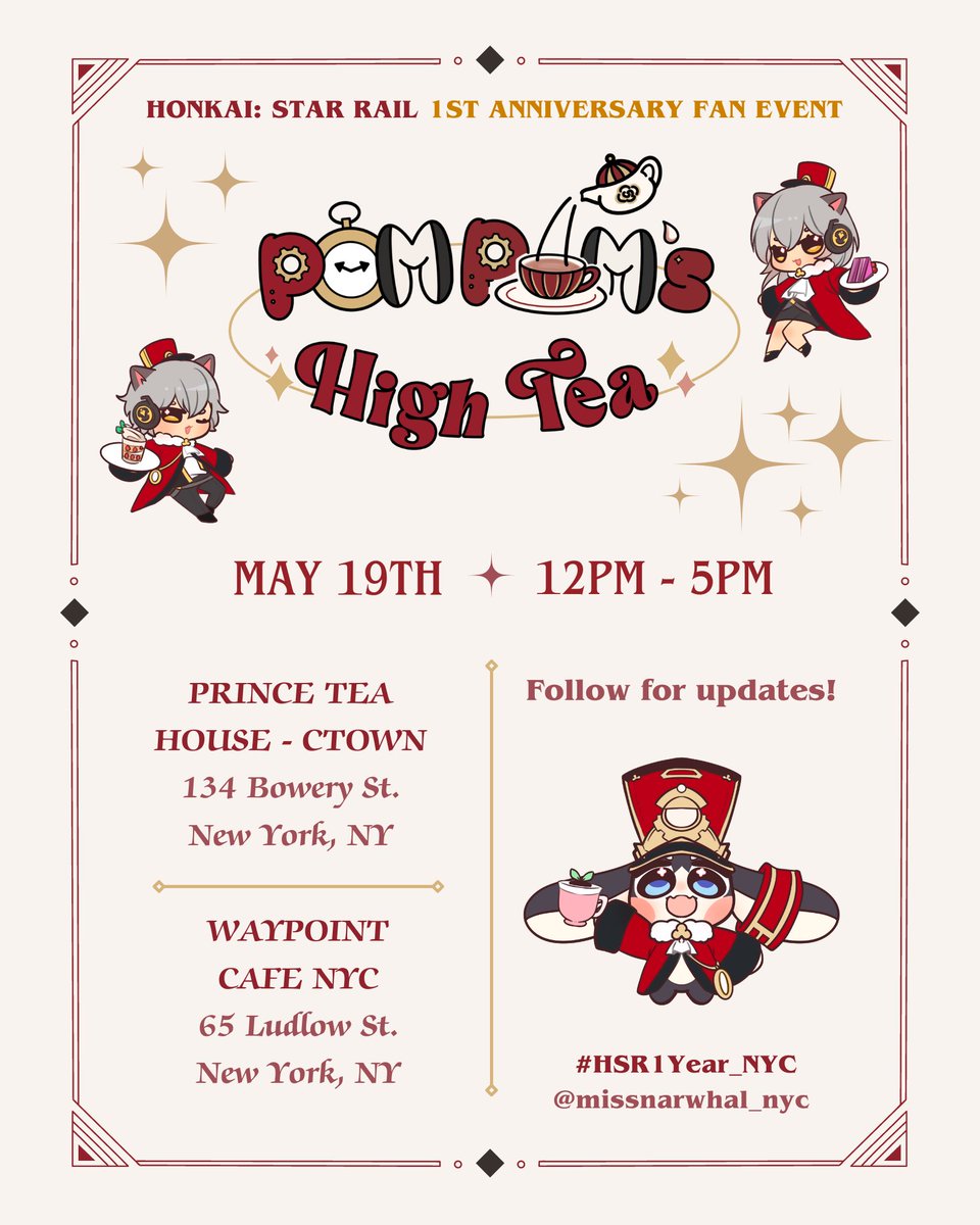 Attention NYC Trailblazers! Join us in celebrating one year of trailblazing with a multi-cafe tea party event at Prince Tea House - Chinatown and Waypoint Cafe NYC on Sunday, May 19th from 12PM-5PM! Free to attend! RSVP form in thread. #HonkaiStarRail #HSR1Year_NYC #HSR1Year