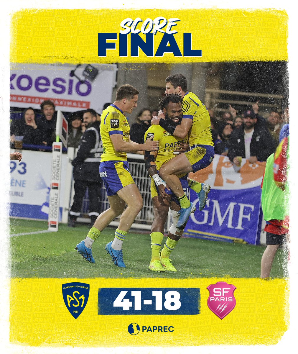 #ASMSFP I Score final by @Paprec_Group Les Clermontois conquérants s'imposent avec le bonus offensif au Michelin et remontent à la dixième place au classement 💥 #YellowArmy