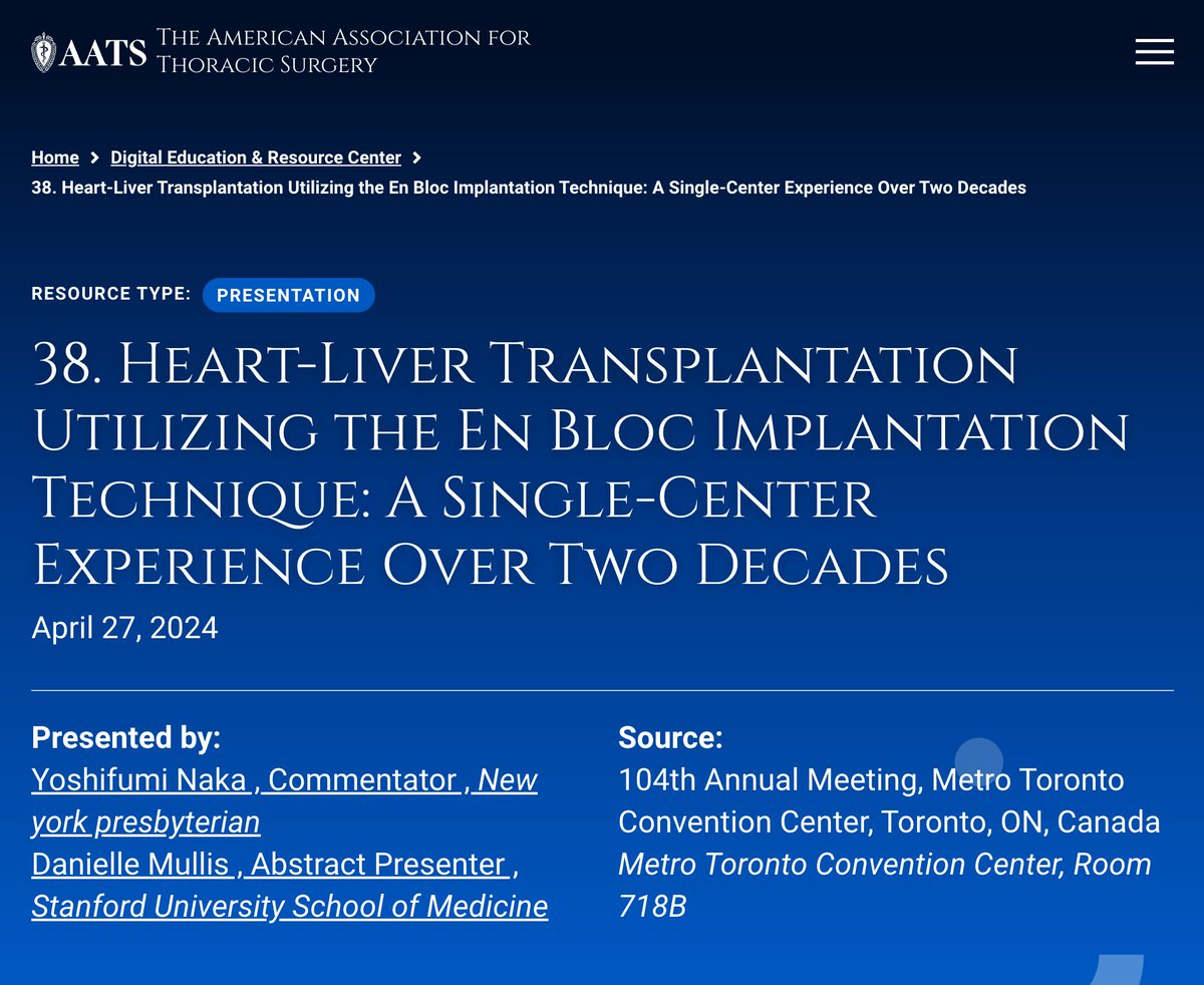 @AATSHQ #AATS2024 ✨Presentation by @StanfordCTSurg @DanielleMullis0 on insights from 2️⃣ decades of institutional experience at @StanfordMed primarily using the en bloc techniques in heart-liver txp 🫀. Learn more at: ow.ly/POtE50RpOsB