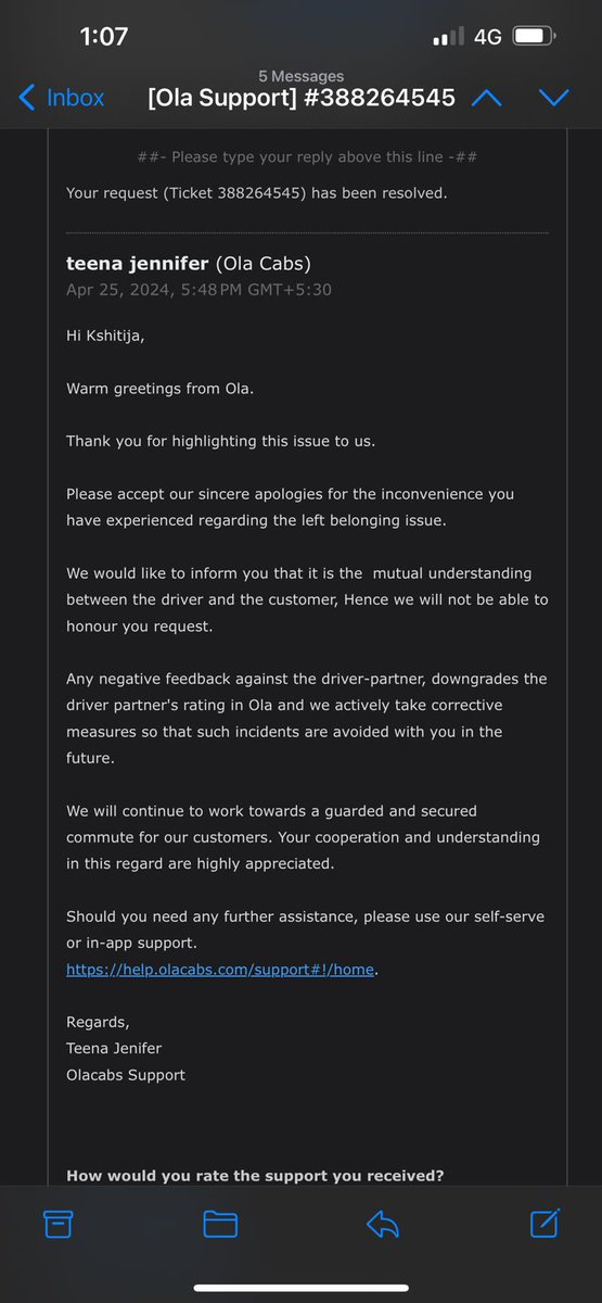 fcb_akashgr's tweet photo. @ola_supports Here is the response I got from @ola_supports @Olacabs  after asking to DM and "escalation".

This is mutual understanding between you and the driver. Did I hire and choose the driver myself? Does Ola not take any responsibility of the driver they assign and supposedly vet? https://t.co/WSXguurLdD