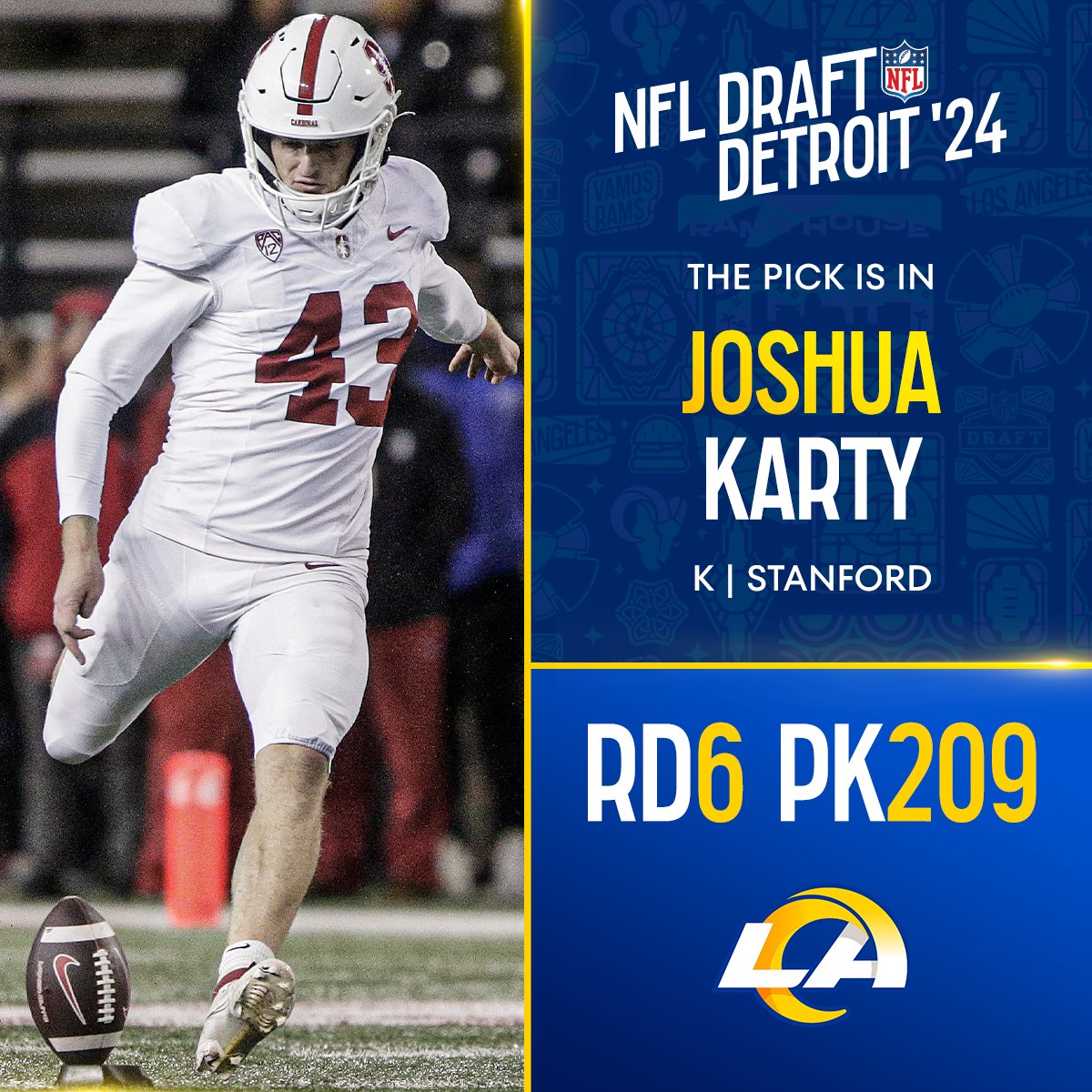 With the No. 209 overall pick in the 2024 @NFLDraft, the @RamsNFL select Joshua Karty! 📺: #NFLDraft on NFLN/ESPN/ABC 📱: Stream on #NFLPlus