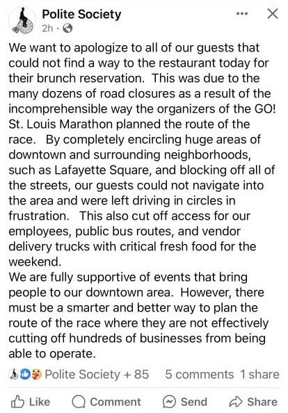 Getting to destinations inside Downtown today was made near impossible by the Go! St. Louis Marathon. Marathons and parades often cut off pathways to small businesses in Downtown. We can do better. 

#Citizens4STL @GOfitnessSTL  @SLMPD @saintlouismayor @MeganEllyia @GovParsonMO…