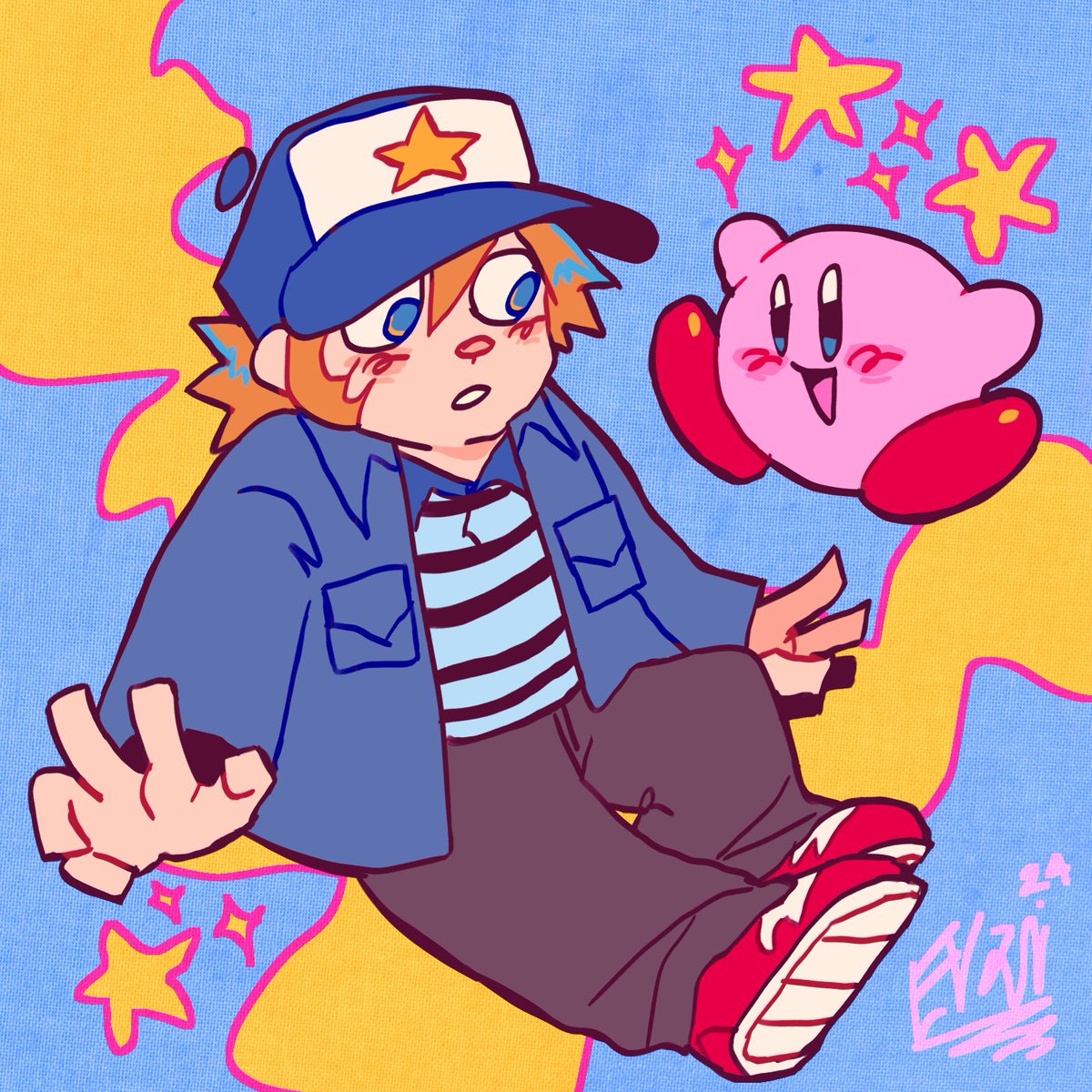 St4rDre4m's tweet photo. happy bday to the 2 biggest goofballs ever (#Kirby and patrick stump) (also a bonus pete and meta knight i drew) https://t.co/ArTin56DUP