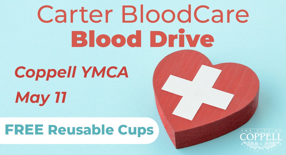 Did you know that one blood donation can save more than one life? 🩸 On Saturday, May 11, from 9 am - 12 pm, Carter BloodCare will have a blood drive at the Coppell YMCA! Blood donors can receive a pack of reusable cups while supplies last. Register at ww3.greatpartners.org/donor/schedule….