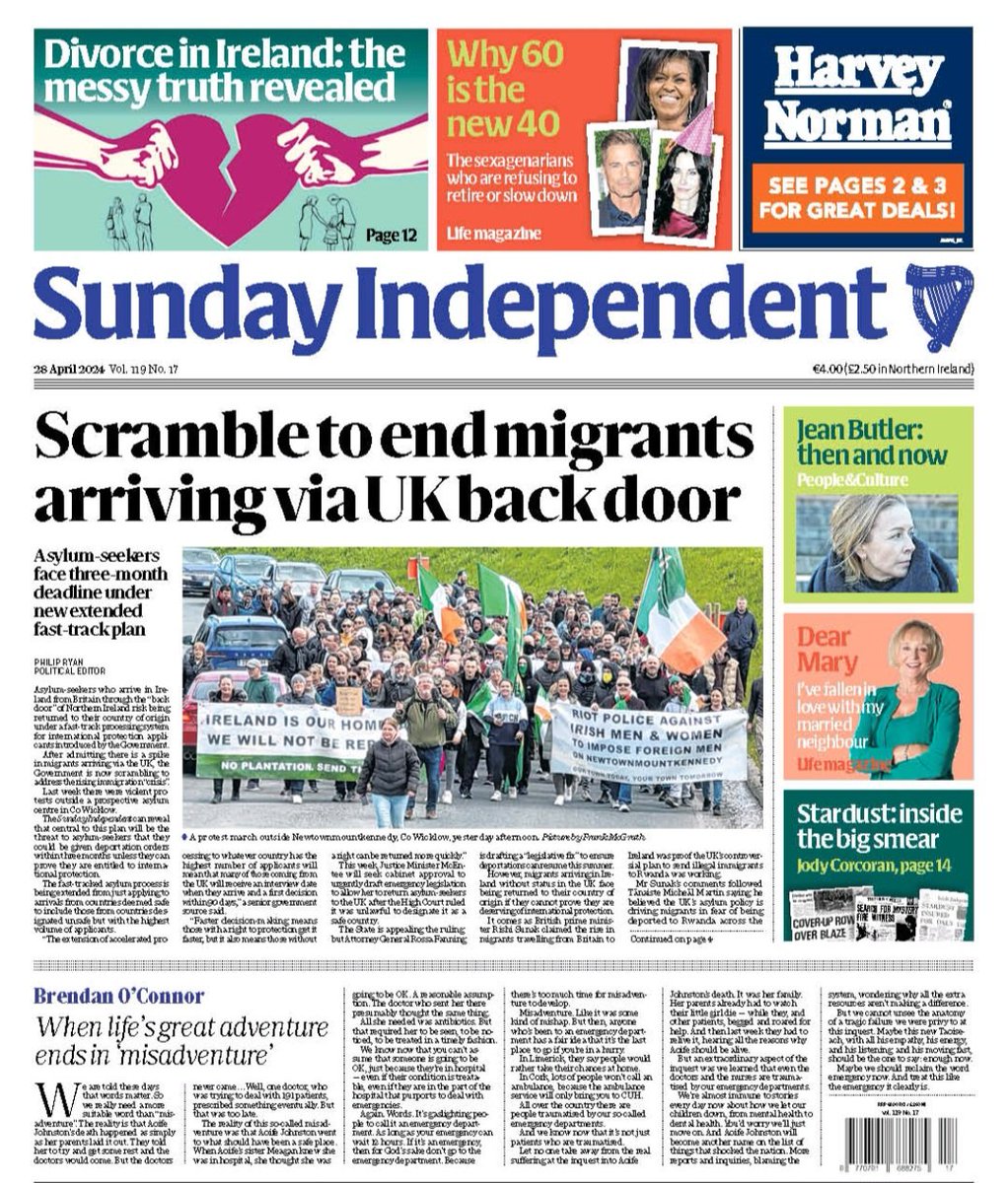 Sunday Independent front page. And (below) the front pages of our other four sections. Striking magazine covers, big interviews, great reads and a lot more throughout the paper