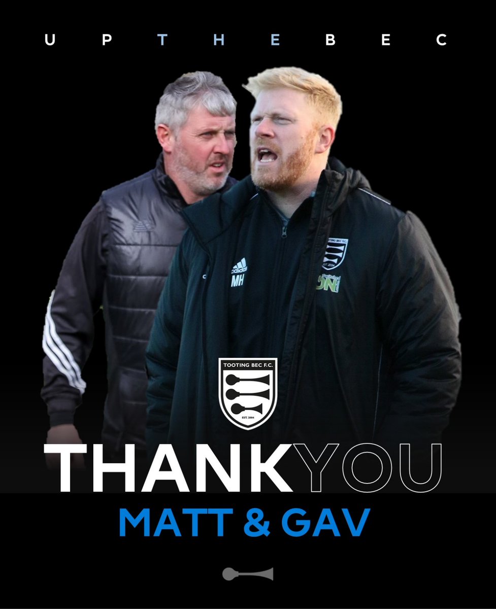 Tooting Bec can confirm that our co-manager's Matt Hancock and Gavin Bolger have decided to mutually part ways with the club. We would like to thank Matt and Gav for the work and time they put into the club, and wish them the best in their future endeavours. #UpTheBec #TBFC