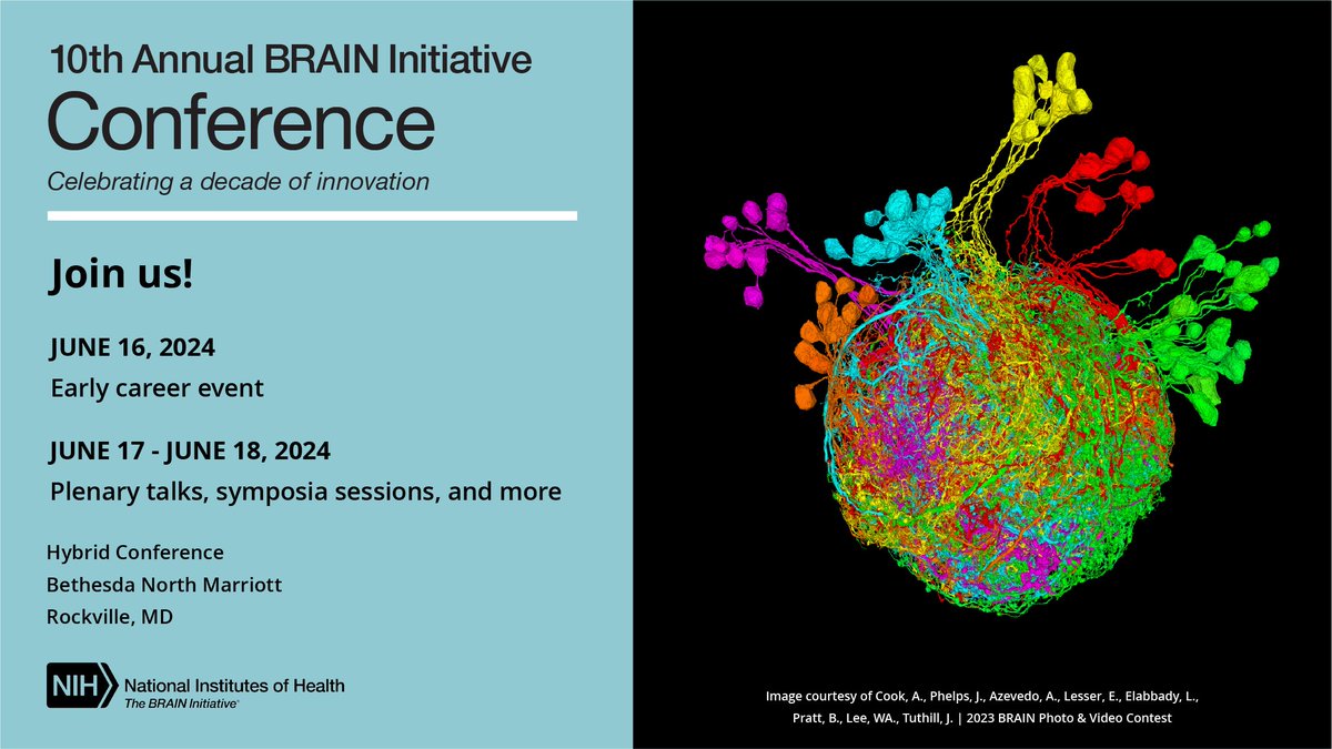 Join @NIH for the 10th Annual #BRAINInitiative Conference to celebrate a decade of innovation! The conference will be held June 17–18, with a special event for early-career researchers on June 16. Learn more and register today! bit.ly/3VcF3VG #studyBRAIN #BRAINConference