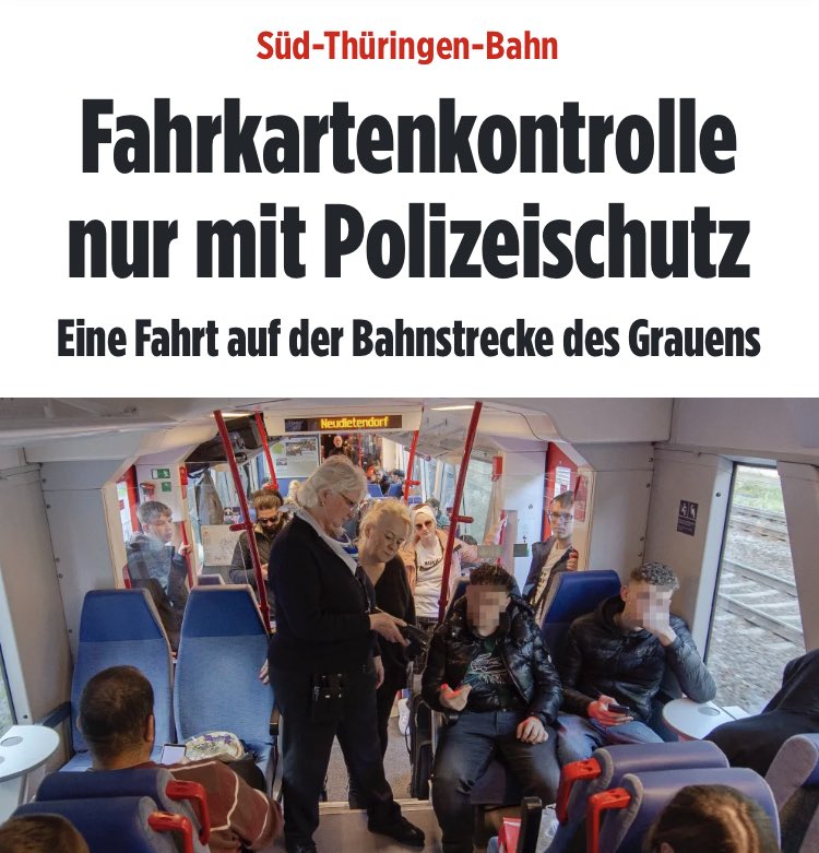 Die Polizei muss in Thüringen das Bahnpersonal vor der AfD schützen ☝️

'Beleidigt, bespuckt und bedroht: Das Personal der Süd-Thüringen-Bahn schlägt Alarm, weil die Abteile für sie inzwischen Zonen der Angst sind.'