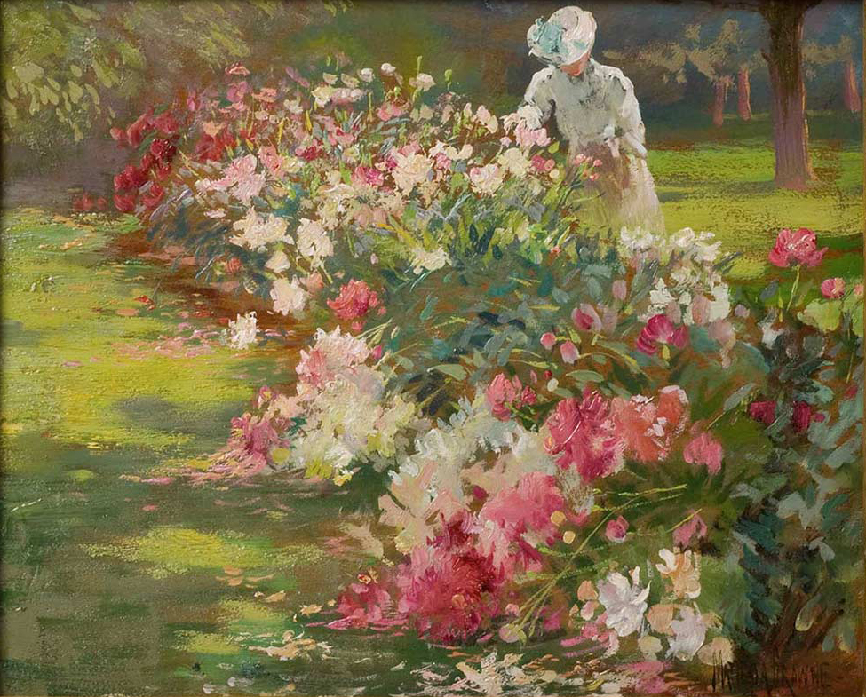 Painting at Bedtime. Peonies. Matilda Browne. Peonies have always been a favourite flower among painters. Matilda Browne was an American Impressionist painter who was the only woman to be accepted by the all male (and rather misogynistic) Old Lyme group of painters.
