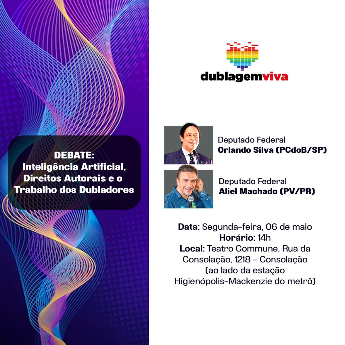 Convidamos todos vocês para o DEBATE SOBRE INTELIGÊNCIA ARTIFICIAL, DIREITOS AUTORAIS E O TRABALHO DOS DUBLADORES, com a presença de representantes do Movimento Dublagem Viva. Data: Segunda-feira, 06 de maio Horário: 14h Local: Teatro Commune, Rua da Consolação, 1218 -…