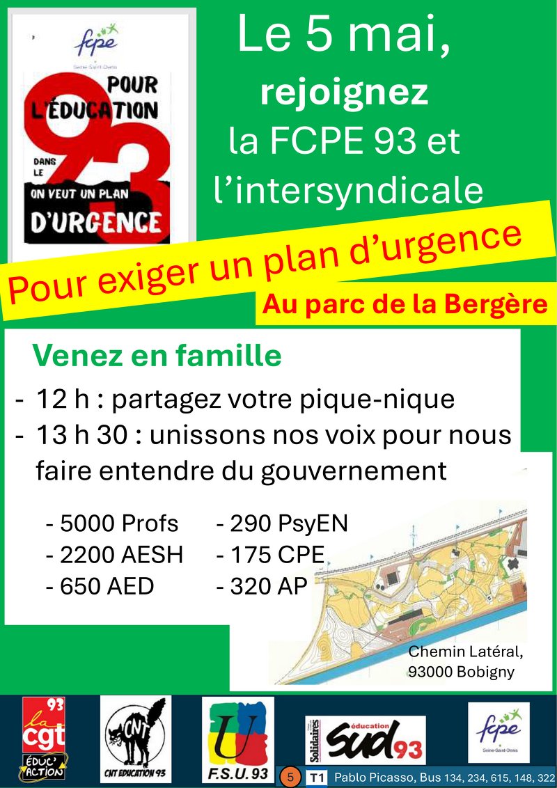Le 5 mai, rejoignez la FCPE 93 et l’intersyndicale au parc de la Bergère pour exiger un plan d'urgence fcpe93.fr/le-5-mai-rejoi…