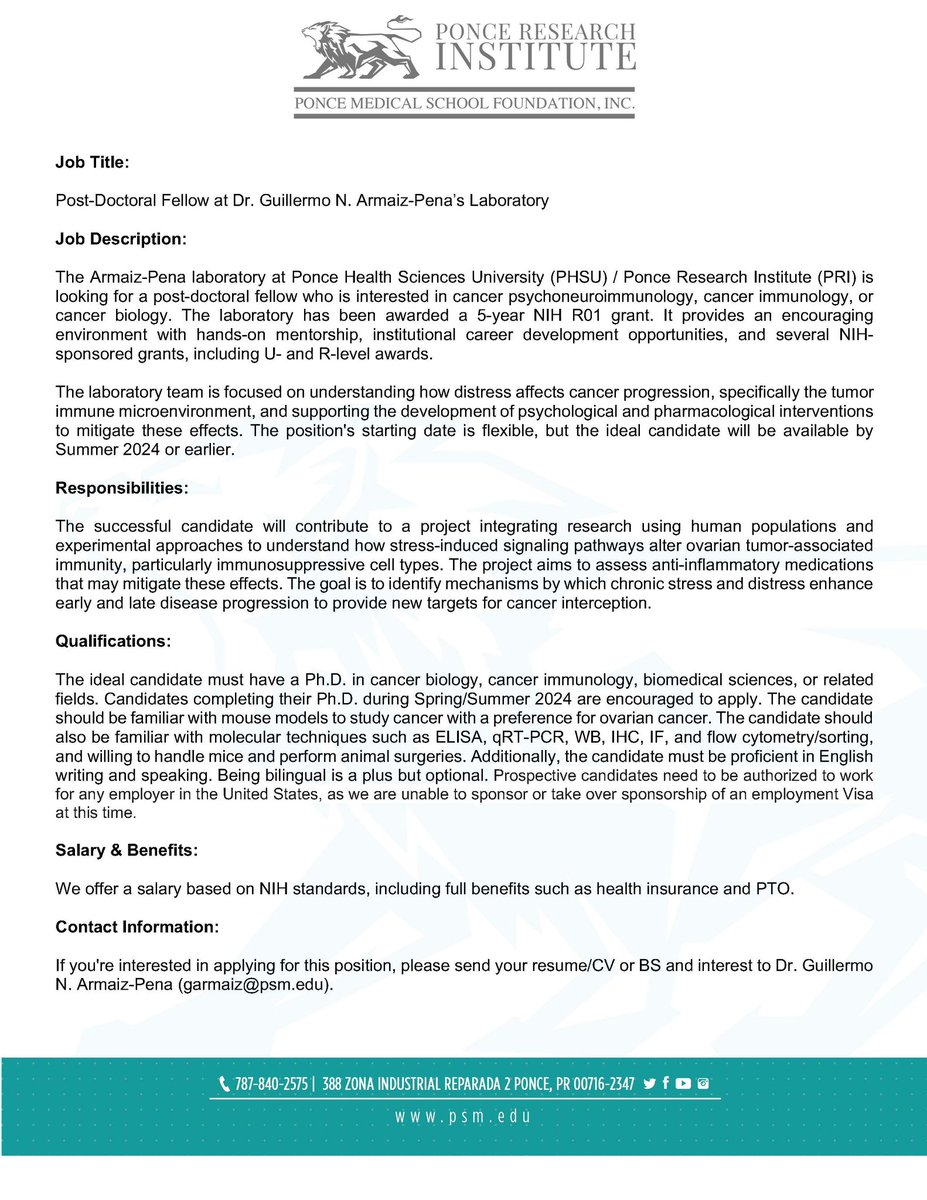 We are still #hiring! Do you know anyone who might be interested? Please consider us if your expertise lies in #cancer biology, #immunity, or anything in between! We are a small but productive lab with a big heart! If interested, reach out to me!

#jobs #PuertoRico #postdoc