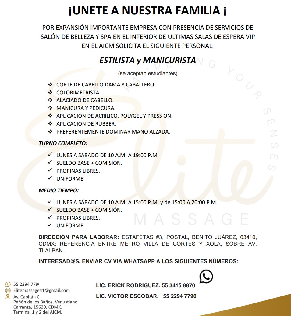 AcademiasElite's tweet photo. OPORTUNIDAD DE TRABAJO PARA GEADUADOS  ESTILISTAS Y MANICURISTAS, EMPRESA LÍDER EN EXPANSIÓN SOLICITA PERSONAL VARIOS PUNTOS DE LA CIUDAD DE MÉXICO 📣 urge, contactarse vía WhatsApp y mencionar que vieron el anuncio en la bolsa de trabajo de Academias Elite👇🏻 https://t.co/29Ra3DVFG1