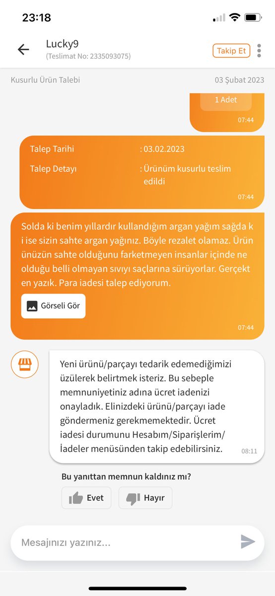 cansuoktm's tweet photo. @Trendyol @TrendyolDestek Daha öncede sahte ürünlerle karşılaşmıştım. Siz yine faturalarını denetledik, belgelerini gördük vs. diye mağazanızı savunurken, satıcı ürününün sahte olduğunu bildiği için ürünü geri istemeden para iadesi yapmıştı. Artık içine ne koydularsa geri almaya değer bile görmemişler. https://t.co/VrlDeEzsy7