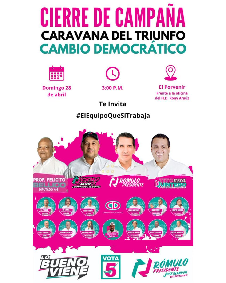 Cierre de Campaña este Domingo 28 de Abril en Bugaba!
11am Misa
3pm Caravana
<a href="/CaDemocratico/">Cambio Democrático</a> 
<a href="/romuloroux/">Rómulo Roux</a> 
<a href="/ARAUZRONY/">RONY ARAUZ</a> 
<a href="/EricNelsonArauz/">Eric Nelson Arauz</a>
<a href="/tourr2k24/">Tourr 2k24</a>
#ElEquipoQueSiTrabaja
#ElCompromisoContinua
#LoBuenoViene