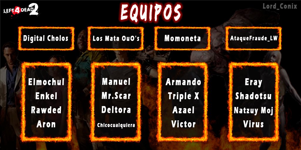 | TORNEO DE LEFT |

Me complace presentar a los equipos que disputaran el torneo de left hoy a las 6PM HORA PERU. Los enfrentamientos y los mapas que se jugaran seran revelados al inicio del stream asi que no faltes para descubrirlo.

¿Quien ganara? Hagan sus apuestas!!