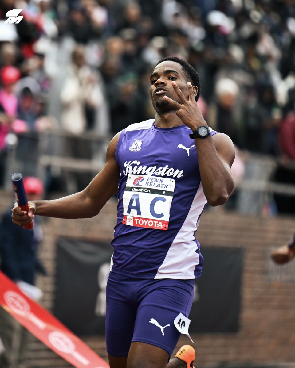 THE RIVALRY CONTINUES 🇯🇲🇺🇸 Kingston College (Jamaica) takes the win in the @pennrelays HS 4x400m championship in 3:11.86, with Excelsior HS (Jamaica) right behind in 3:12.94. But it’s Bullis HS phenom Quincy Wilson who clocks the fastest split of the day to anchor his team to