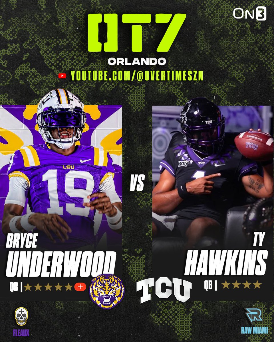 WATCH: LSU Five-Star Plus+ QB commit Bryce Underwood faces off against TCU 4-star QB commit Ty Hawkins @overtime 7v7🔥 LIVE: youtube.com/watch?v=j0qwVz…