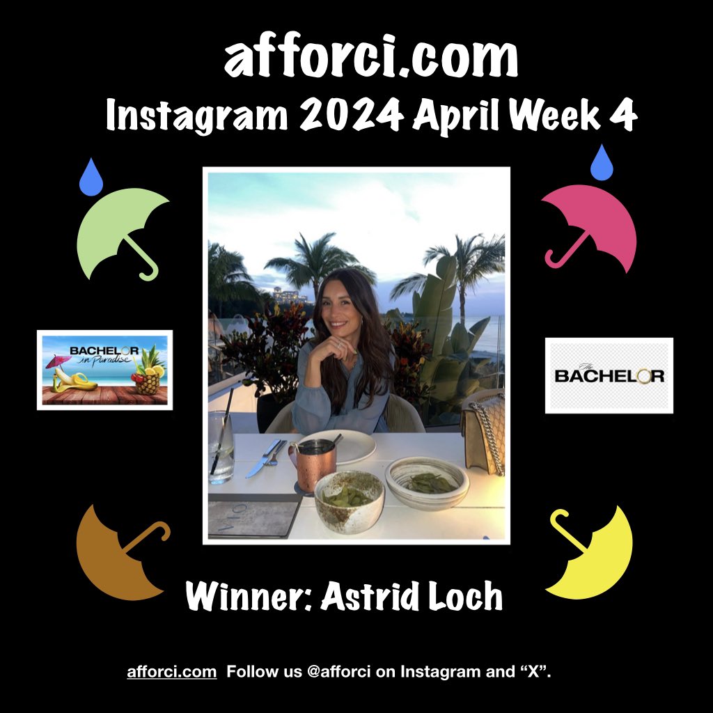 Afforci Pop Star for April Week 4 2024.  Instagram most popular Reality Star that we wrote about is Astrid Loch from Bachelor and Bachelor in Paradise.  Check out Loch’s post to learn more about her.  Afforci.com

#afforci #bachelor #bachelorette #bachelorinparadise