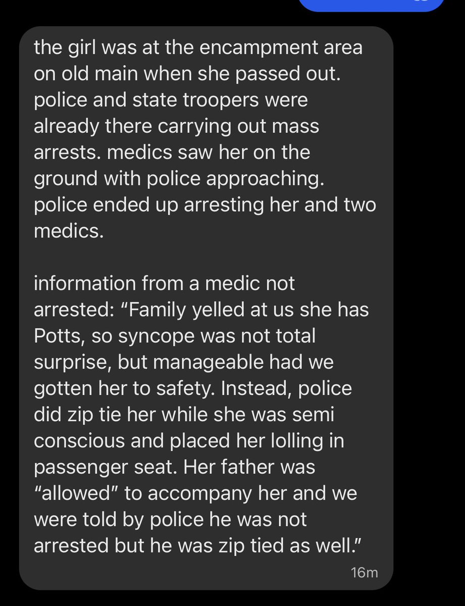 NEW: Organizers from @asu tell me state troopers zip tied and arrested a student who was barely conscious, after fainting from a POTS episode. Street medics tried to help her—they arrested the street medics. When her father came to help her, they zip tied him too.
