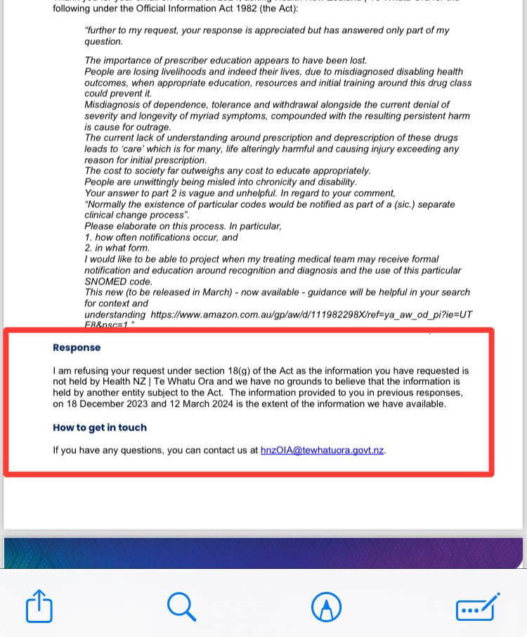 @DrMcFillin I’m in New Zealand. I asked our govt when education around the SNOMED code 1285639002 'Protracted antidepressant withdrawal syndrome (disorder)' and the harms associated would be implemented. After months of rubbish correspondence I finally got this. @markhoro #prescribedharm