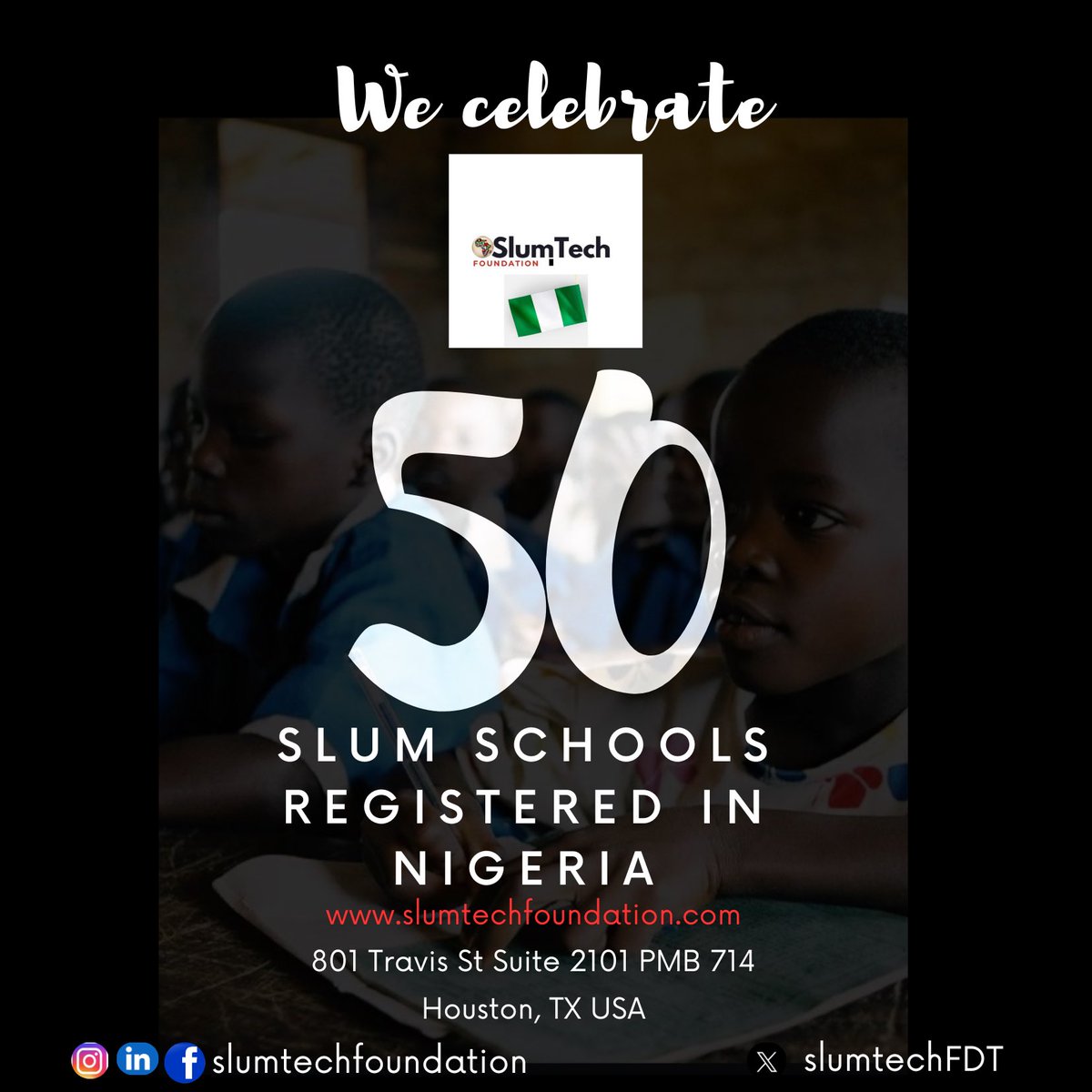 SlumTechFDT's tweet image. 🎉 Exciting Announcement! 🌟 50 slum schools in Nigeria have successfully registered with SlumTech Foundation! This milestone will empower more youths in underserved communities with tech and opportunities. Join us in ✨📚 #SlumTechFoundation #technologyForAll