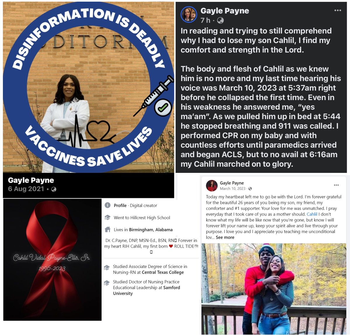 Birmingham, AL - 26 year old Cahlil Vidal Payne-Ellis collapsed at home at 5:40am & stopped breathing. 
He died from a cardiac arrest on Mar.10, 2023.

His mother, Doctor of Nursing Practice, was a victim of COVID-19 mRNA Vaccine Disinformation and Propaganda

#DiedSuddenly