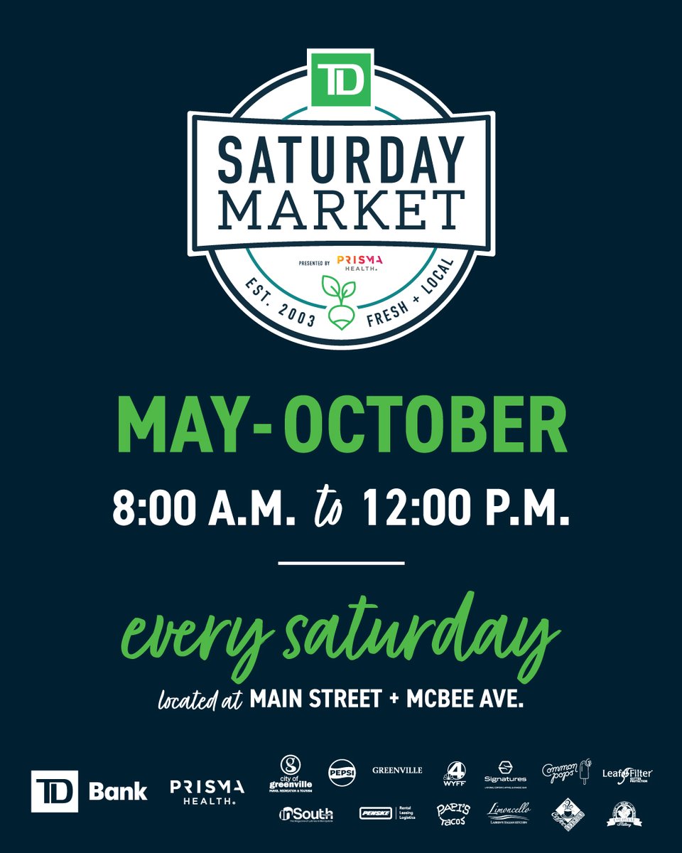 Get ready to fill your Saturdays with sunshine, smiles and the freshest flavors at the @TDbank_us Saturday Market returning May 4th.😎🎉🌽

#gvilleevents #Gvillesatmarket #greenvillesc