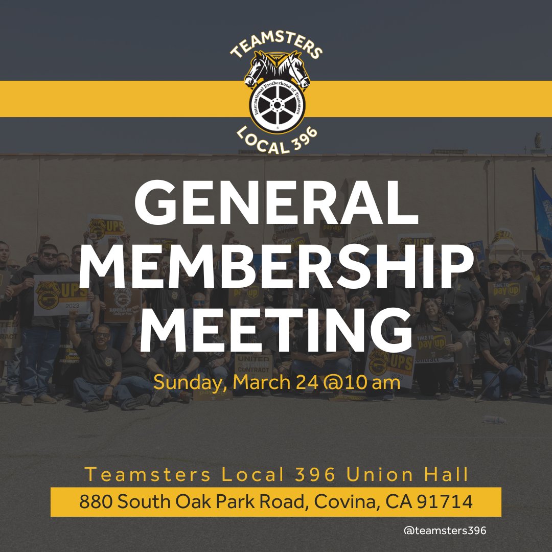 Attention Local 396 Brothers and Sisters, please join us for our April Teamsters Local 396 General Membership Meeting TOMORROW! ELECTRONIC REGISTRATION WILL BE AT THE FRONT ENTRANCE OF THE LOCAL UNION HALL.