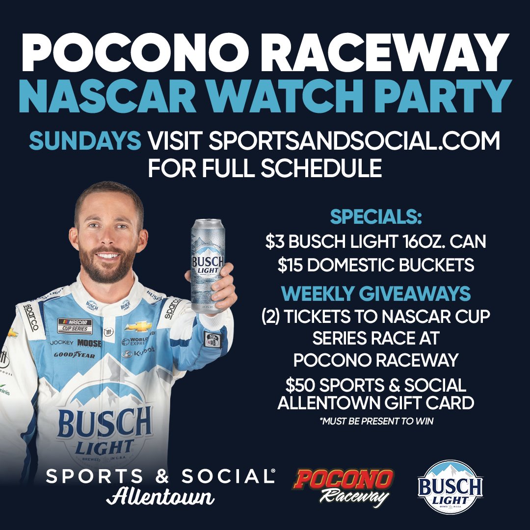 NASCAR Watch Party #2 of the season takes place tomorrow at Sports & Social in Allentown! @BuschBeer specials and a chance to win tickets & more! More details: poconoraceway.com/sports-social-…