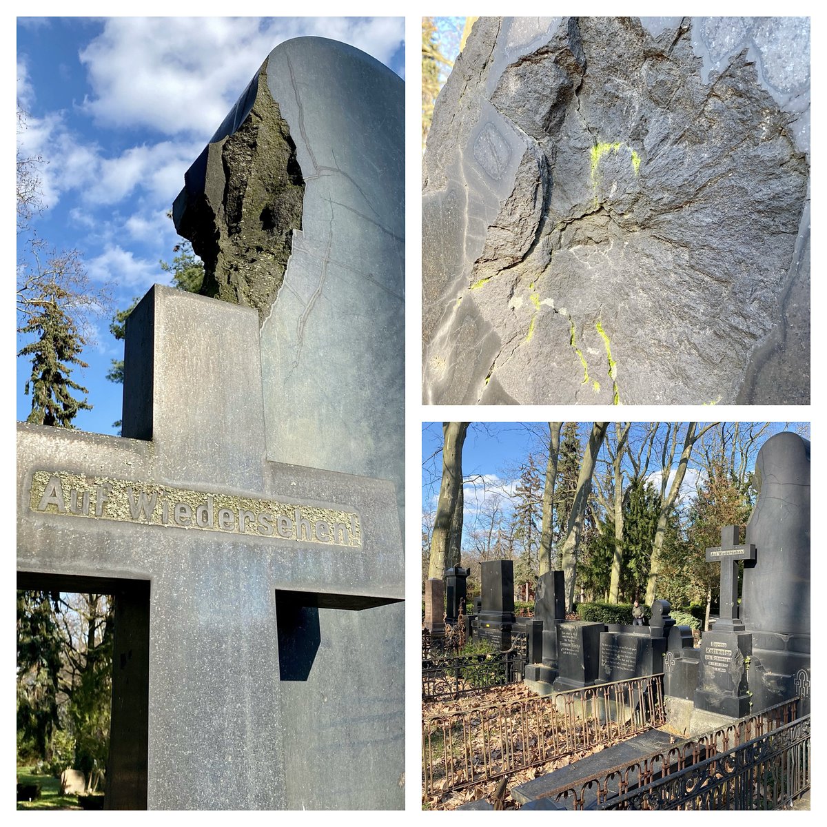 Signs of a fierce fight on a several gravestones and monuments near the entrance of St. Thomas Cemetery on Hermannstr. (Berlin-Neukölln), probably from 25 April 1945. The damage shown in one photo (top-right) has a diameter of c. 25 cms (ten inches).